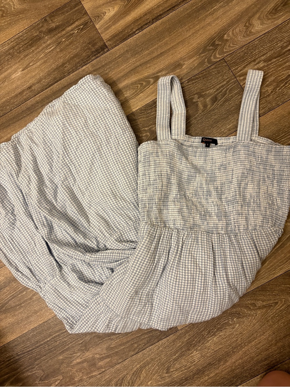 Quince Organic Cotton Gauze Smocked Maxi Dress Blue Gingham S